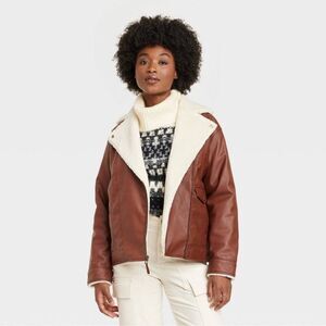 Women's Oversized Faux Leather Moto Jacket - Universal Thread™ Brown S